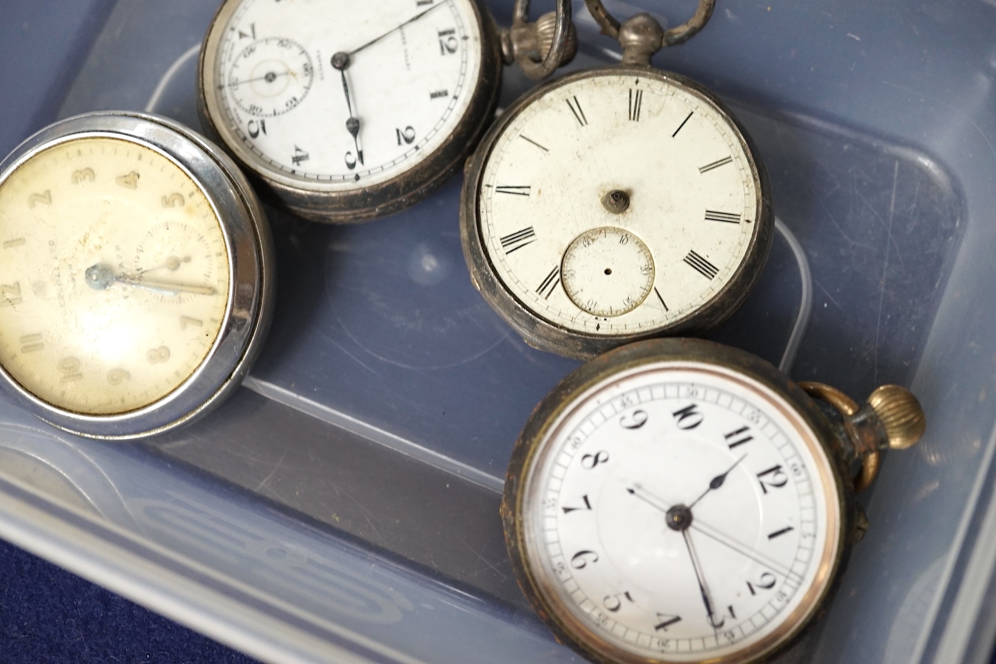 A collection of nine assorted pocket watches including a silver open face watch and a gold plated watch by Samuel. Condition - poor